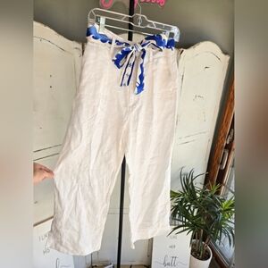 Joie wide-leg white 100% linen pants,100% Silk Belt Sz Small